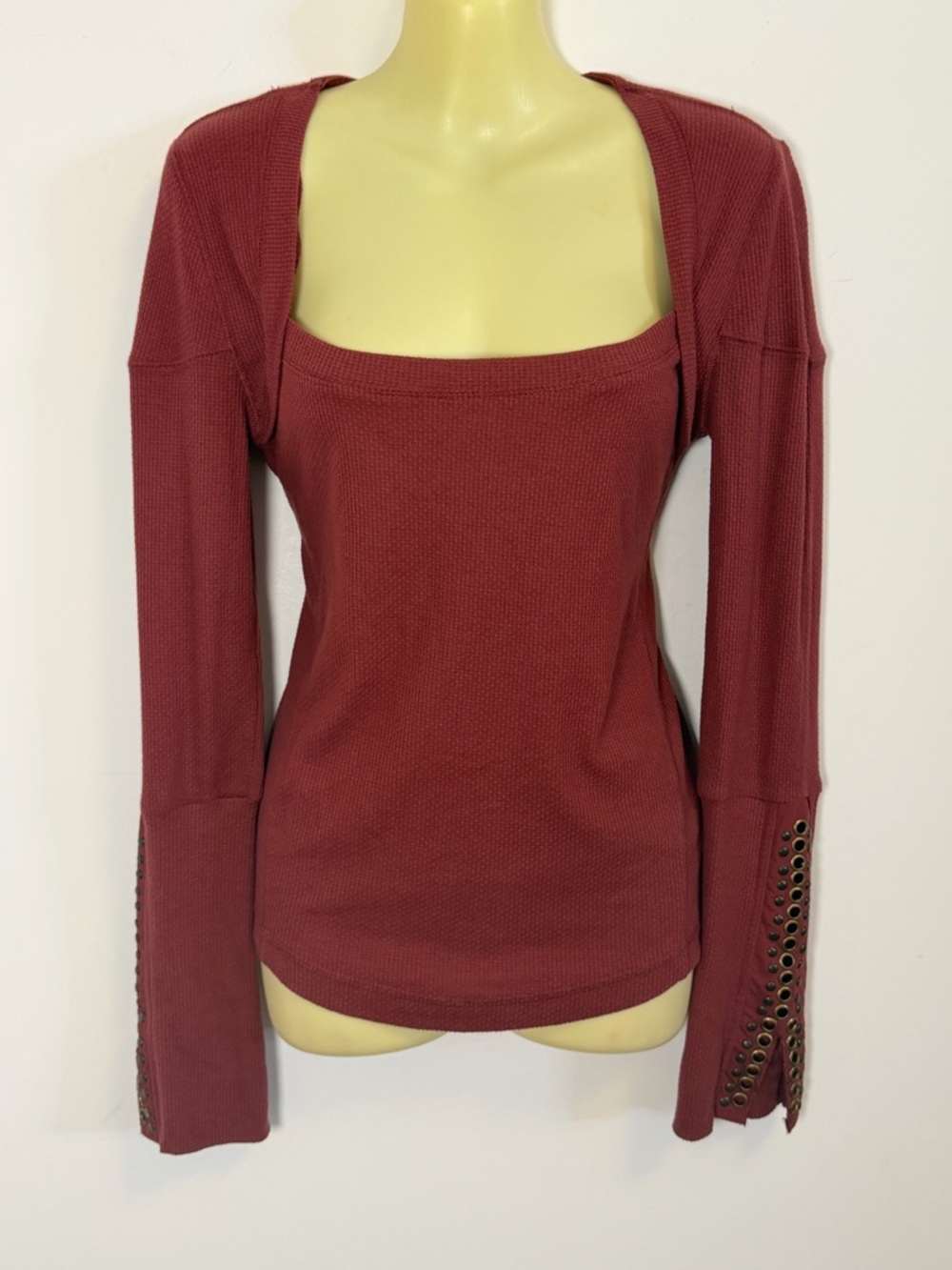 Free People Square-Neck Long Sleeve Top with Grommet Detail - Burgundy